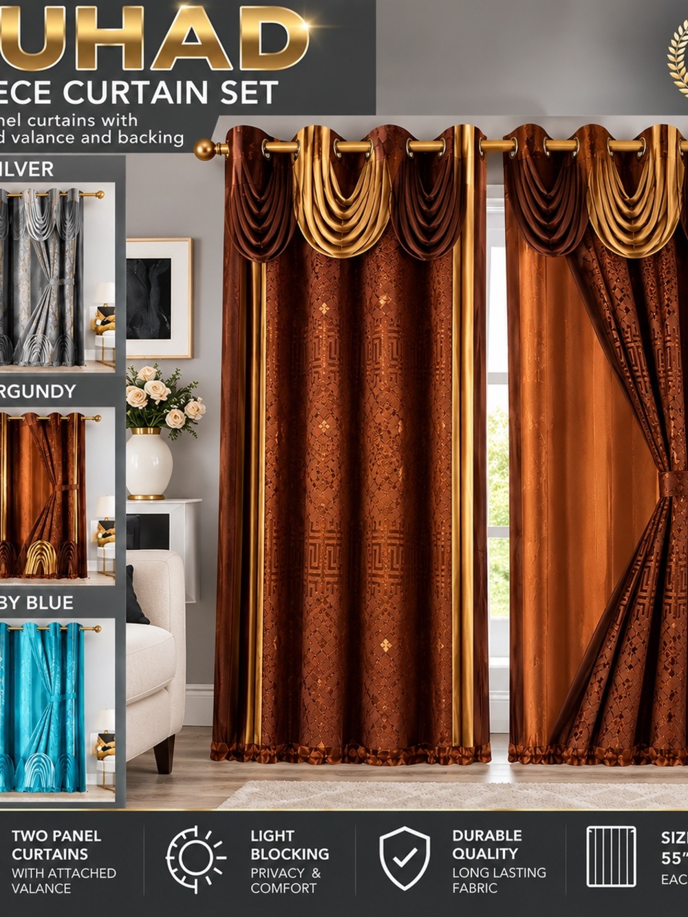 Elegant Burgundy and Gold Two-Piece Curtain Set by